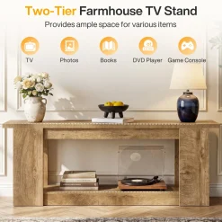 63-Inch Farmhouse TV Stand for TVs up to 70 Inches, Rustic Media Console with 2-Tier Open Storage