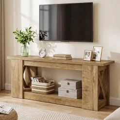63-Inch Farmhouse TV Stand for TVs up to 70 Inches, Rustic Media Console with 2-Tier Open Storage