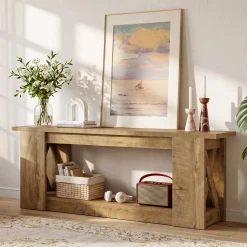 63-Inch Farmhouse TV Stand for TVs up to 70 Inches, Rustic Media Console with 2-Tier Open Storage