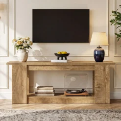 63-Inch Farmhouse TV Stand for TVs up to 70 Inches, Rustic Media Console with 2-Tier Open Storage