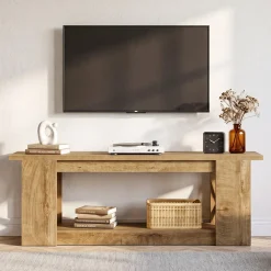 63-Inch Farmhouse TV Stand for TVs up to 70 Inches, Rustic Media Console with 2-Tier Open Storage