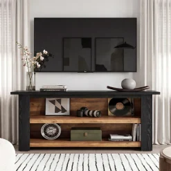63-Inch Farmhouse TV Stand with X-Shaped Side Panels, Black Entertainment Center for Living Room