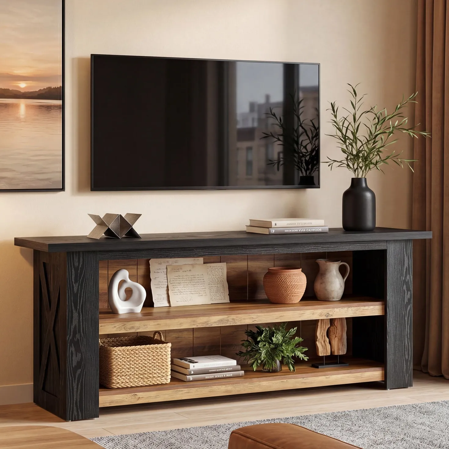 63-Inch Farmhouse TV Stand with X-Shaped Side Panels, Black Entertainment Center for Living Room
