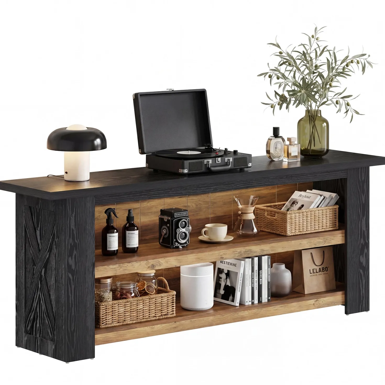 63-Inch Farmhouse TV Stand with X-Shaped Side Panels, Black Entertainment Center for Living Room