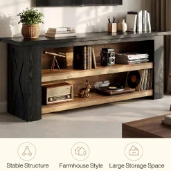63-Inch Farmhouse TV Stand with X-Shaped Side Panels, Black Entertainment Center for Living Room