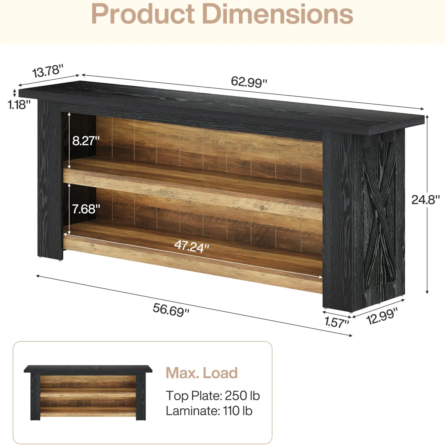 63-Inch Farmhouse TV Stand with X-Shaped Side Panels, Black Entertainment Center for Living Room