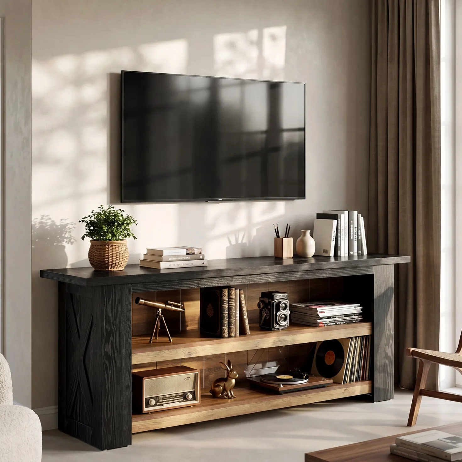 63-Inch Farmhouse TV Stand with X-Shaped Side Panels, Black Entertainment Center for Living Room