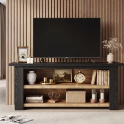 63-Inch Farmhouse TV Stand with X-Shaped Side Panels, Black Entertainment Center for Living Room