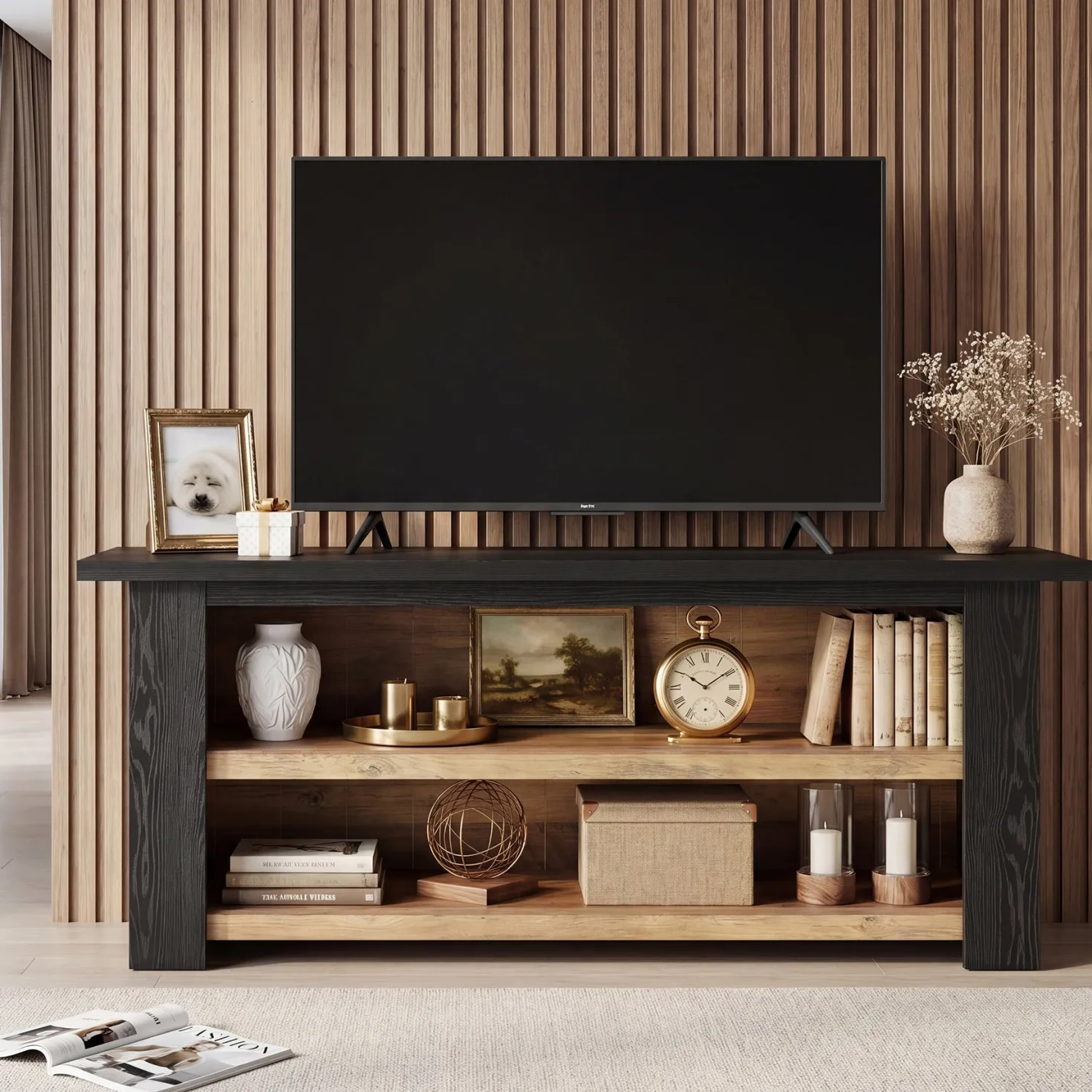 63-Inch Farmhouse TV Stand with X-Shaped Side Panels, Black Entertainment Center for Living Room