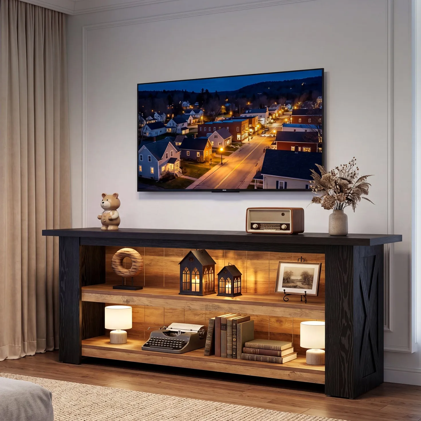 63-Inch Farmhouse TV Stand with X-Shaped Side Panels, Black Entertainment Center for Living Room