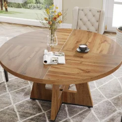 47-Inch Round Farmhouse Dining Table for 4–6 with Cross-Style Pedestal Base