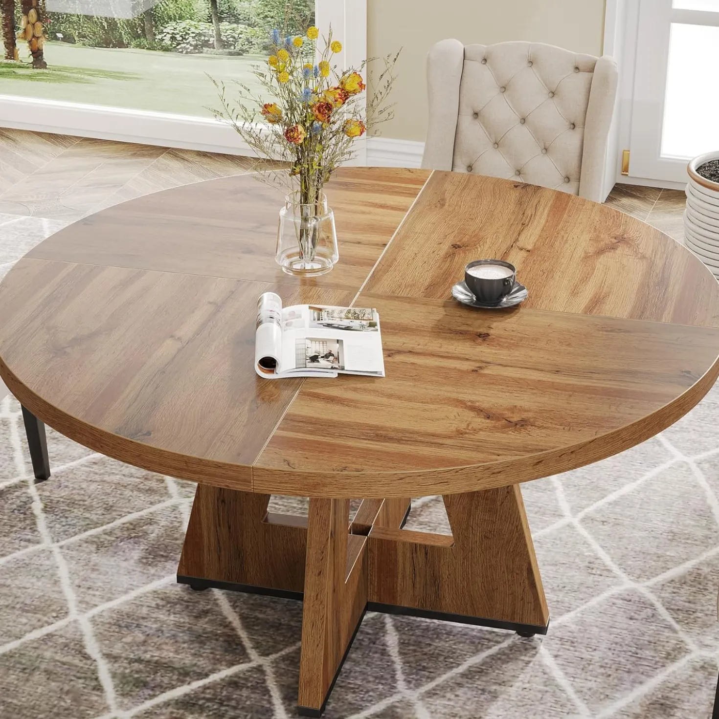 47-Inch Round Farmhouse Dining Table for 4–6 with Cross-Style Pedestal Base