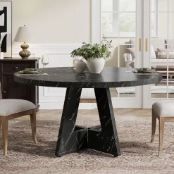 47-Inch Round Farmhouse Dining Table for 4–6 with Cross-Style Pedestal Base