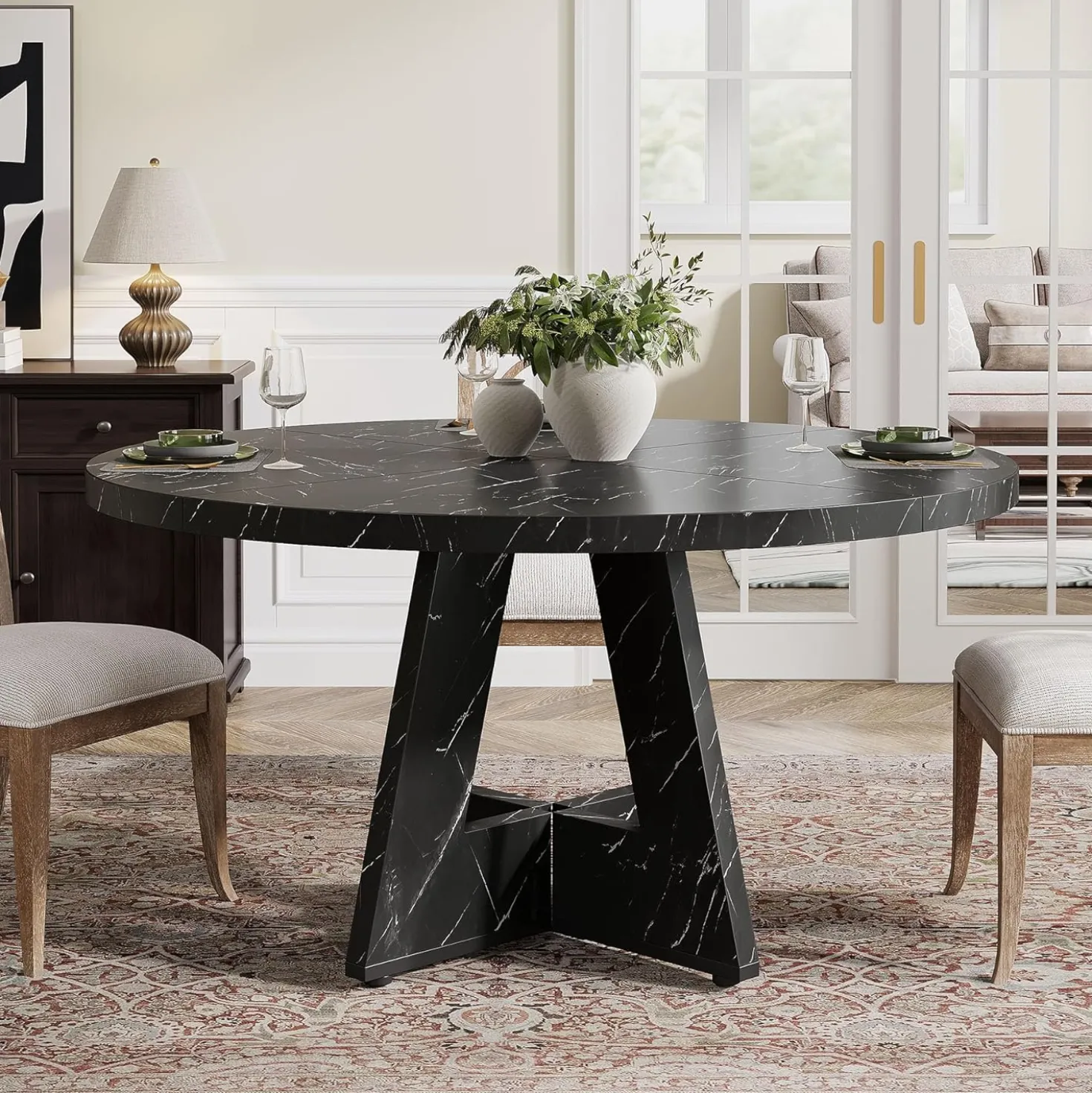 47-Inch Round Farmhouse Dining Table for 4–6 with Cross-Style Pedestal Base