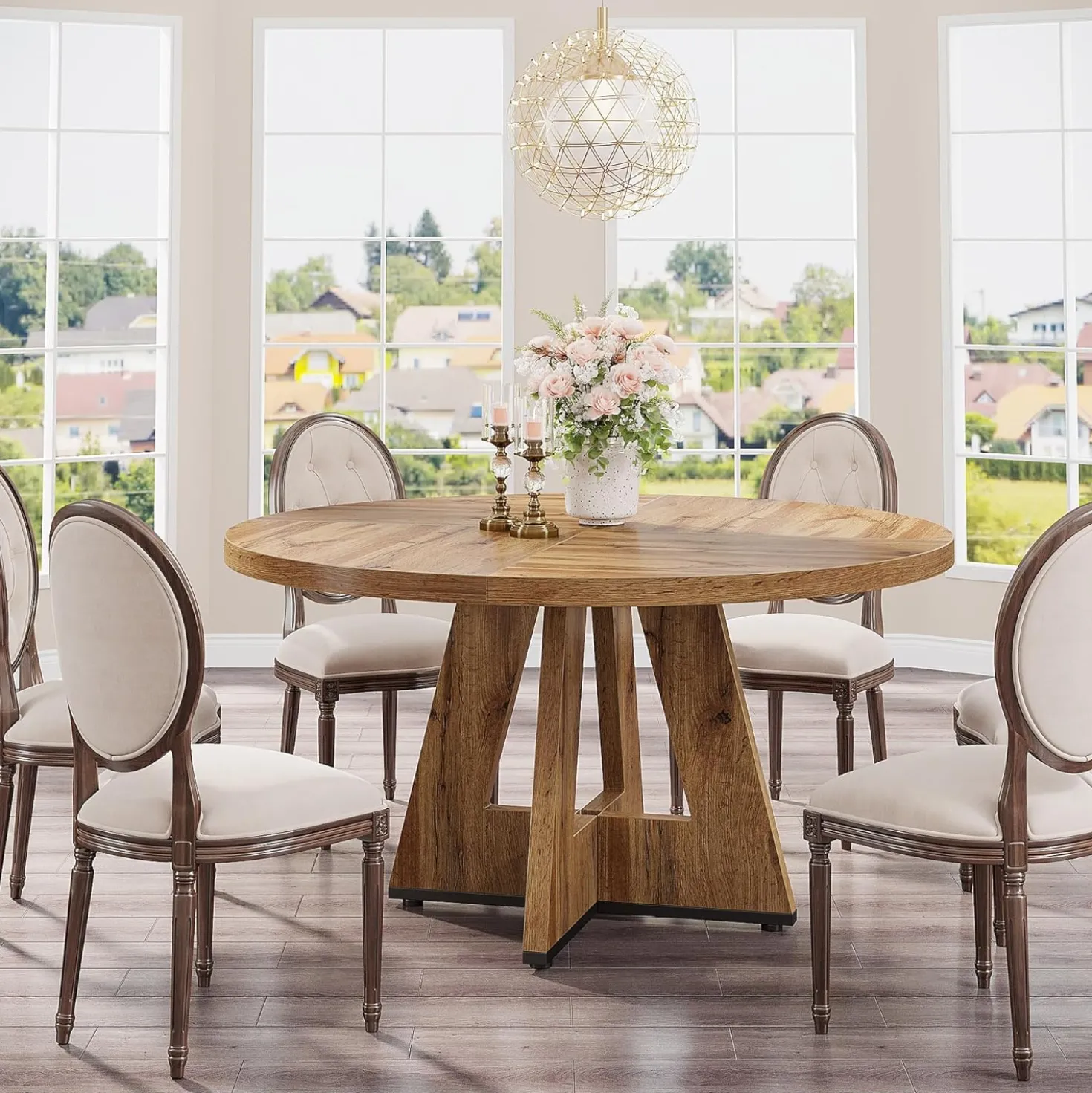 47-Inch Round Farmhouse Dining Table for 4–6 with Cross-Style Pedestal Base