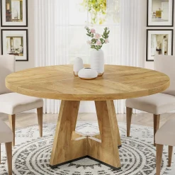 47-Inch Round Farmhouse Dining Table for 4–6 with Cross-Style Pedestal Base