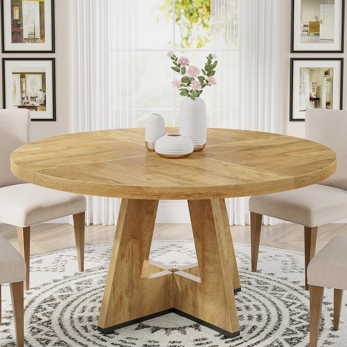 47-Inch Round Farmhouse Dining Table for 4–6 with Cross-Style Pedestal Base