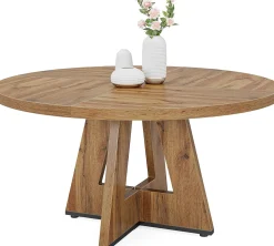 47-Inch Round Farmhouse Dining Table for 4–6 with Cross-Style Pedestal Base