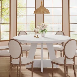 47-Inch Round Farmhouse Dining Table for 4–6 with Cross-Style Pedestal Base