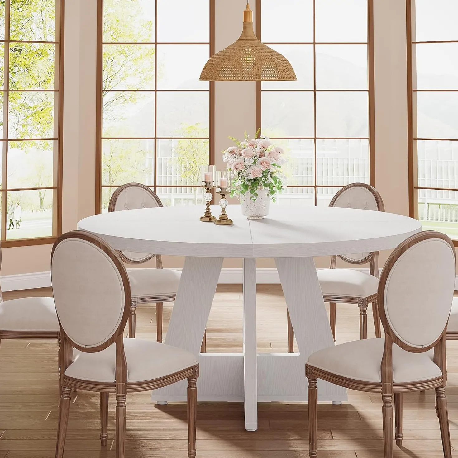 47-Inch Round Farmhouse Dining Table for 4–6 with Cross-Style Pedestal Base