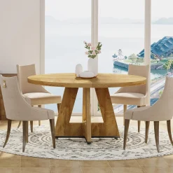 47-Inch Round Farmhouse Dining Table for 4–6 with Cross-Style Pedestal Base