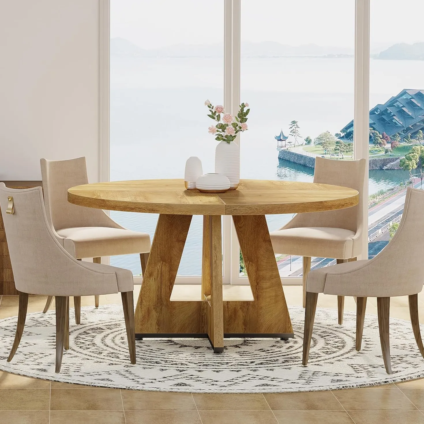 47-Inch Round Farmhouse Dining Table for 4–6 with Cross-Style Pedestal Base