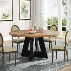 47-Inch Round Farmhouse Dining Table for 4–6 with Cross-Style Pedestal Base