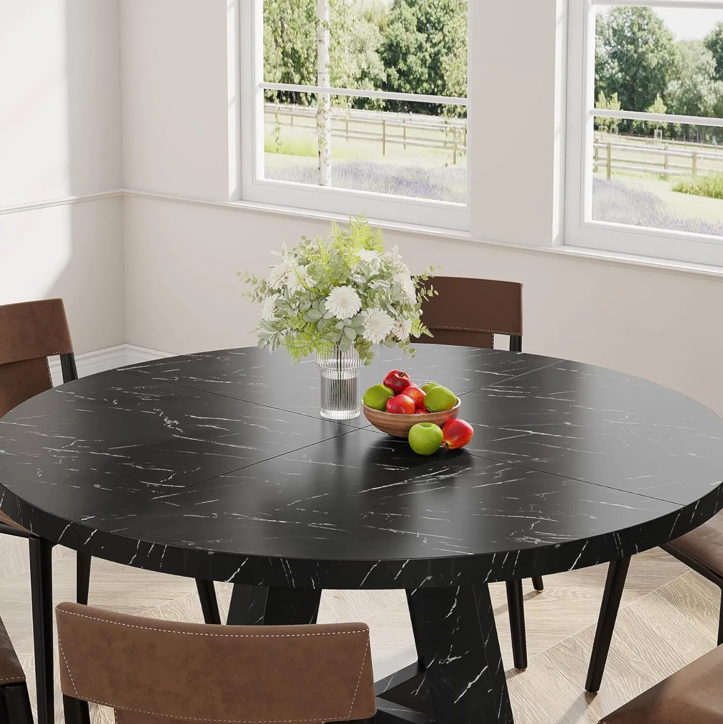 47-Inch Round Farmhouse Dining Table for 4–6 with Cross-Style Pedestal Base