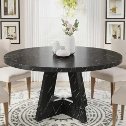 47-Inch Round Farmhouse Dining Table for 4–6 with Cross-Style Pedestal Base