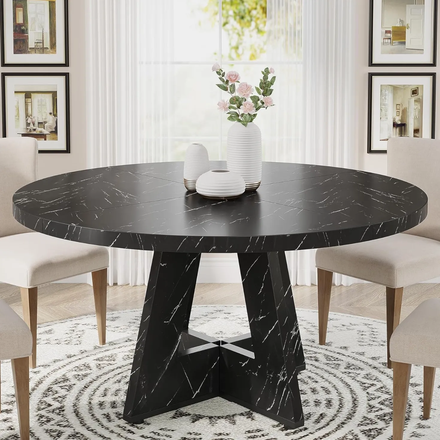 47-Inch Round Farmhouse Dining Table for 4–6 with Cross-Style Pedestal Base
