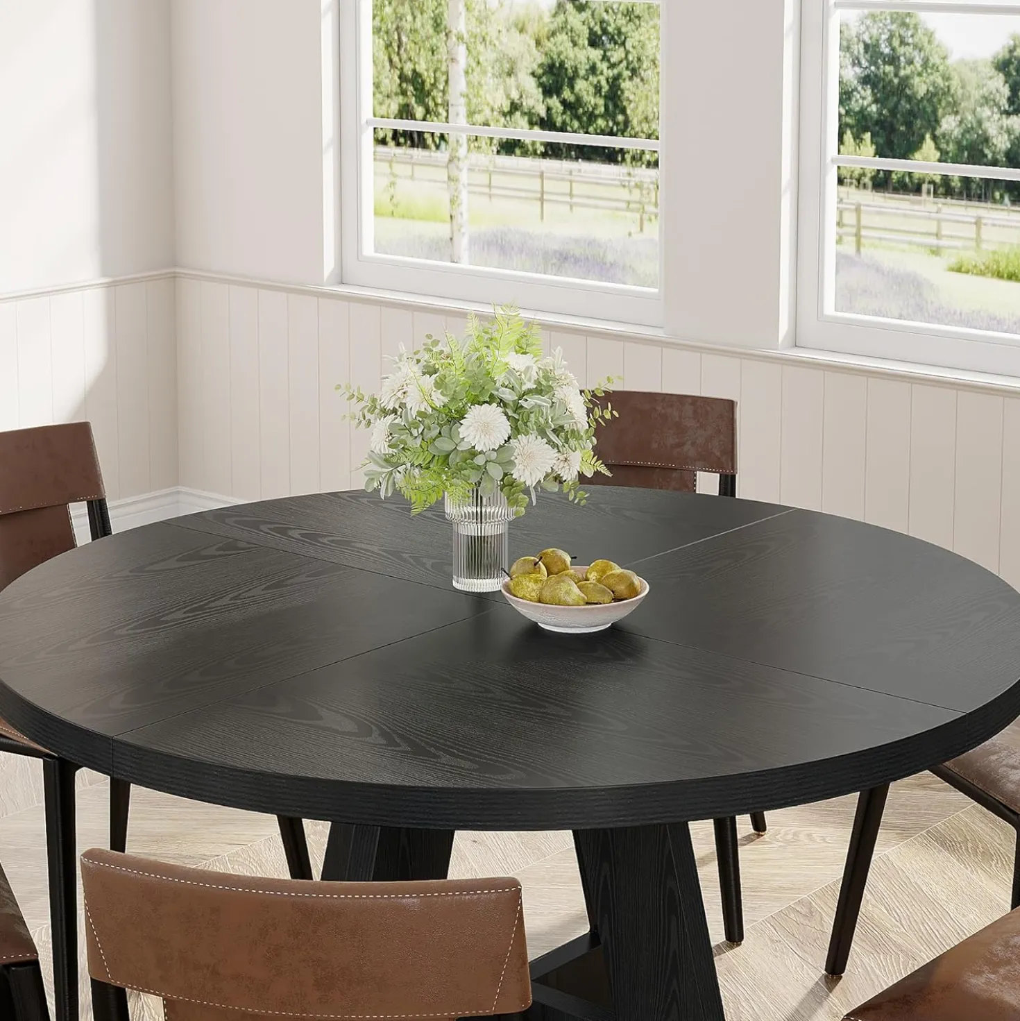 47-Inch Round Farmhouse Dining Table for 4–6 with Cross-Style Pedestal Base