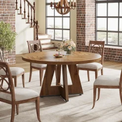 47-Inch Round Farmhouse Dining Table for 4–6 with Cross-Style Pedestal Base