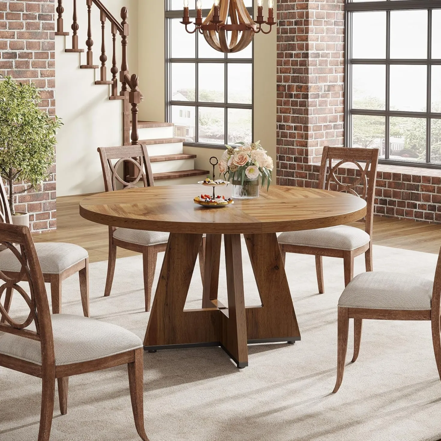 47-Inch Round Farmhouse Dining Table for 4–6 with Cross-Style Pedestal Base