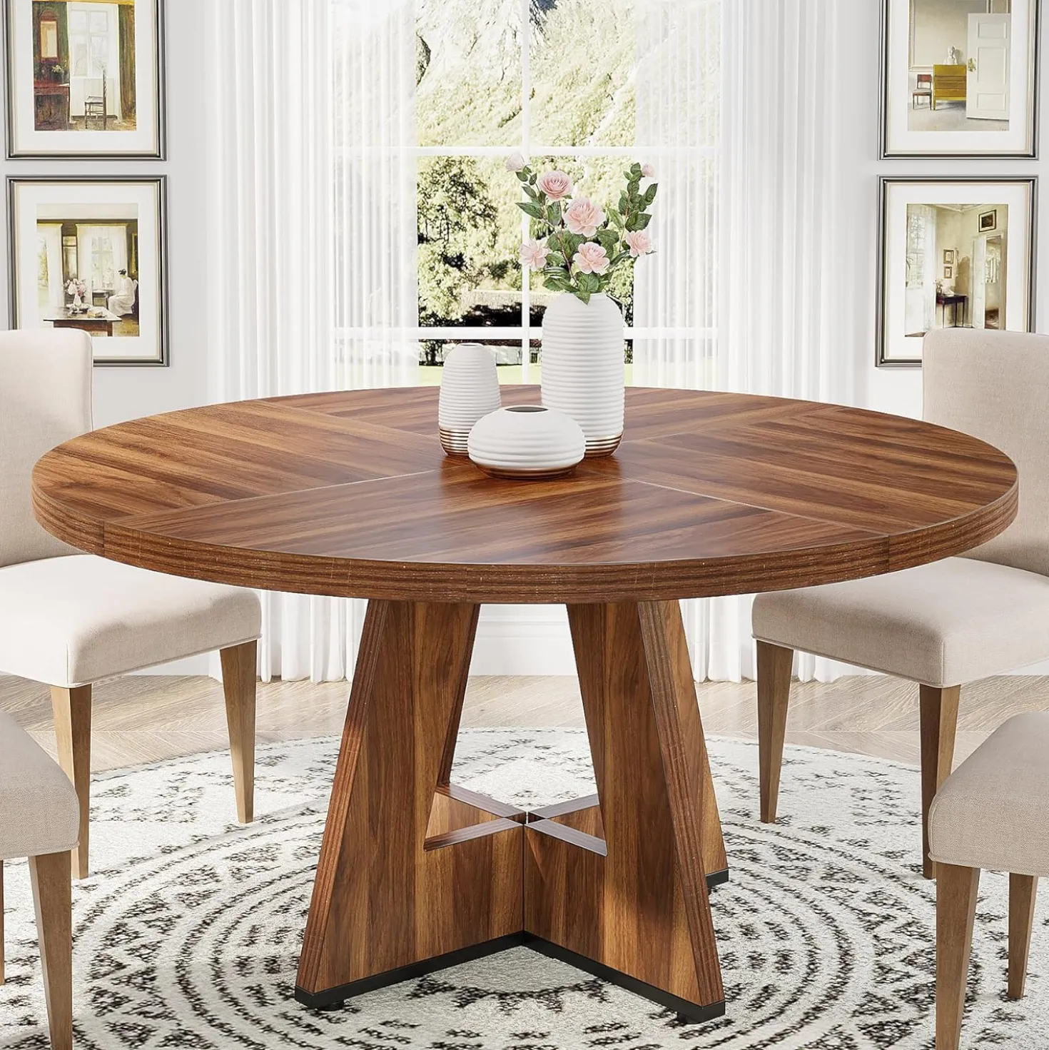 47-Inch Round Farmhouse Dining Table for 4–6 with Cross-Style Pedestal Base