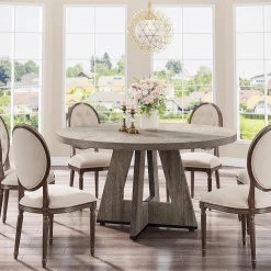 47-Inch Round Farmhouse Dining Table for 4–6 with Cross-Style Pedestal Base