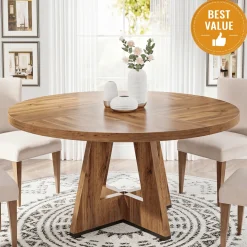 47-Inch Round Farmhouse Dining Table for 4–6 with Cross-Style Pedestal Base