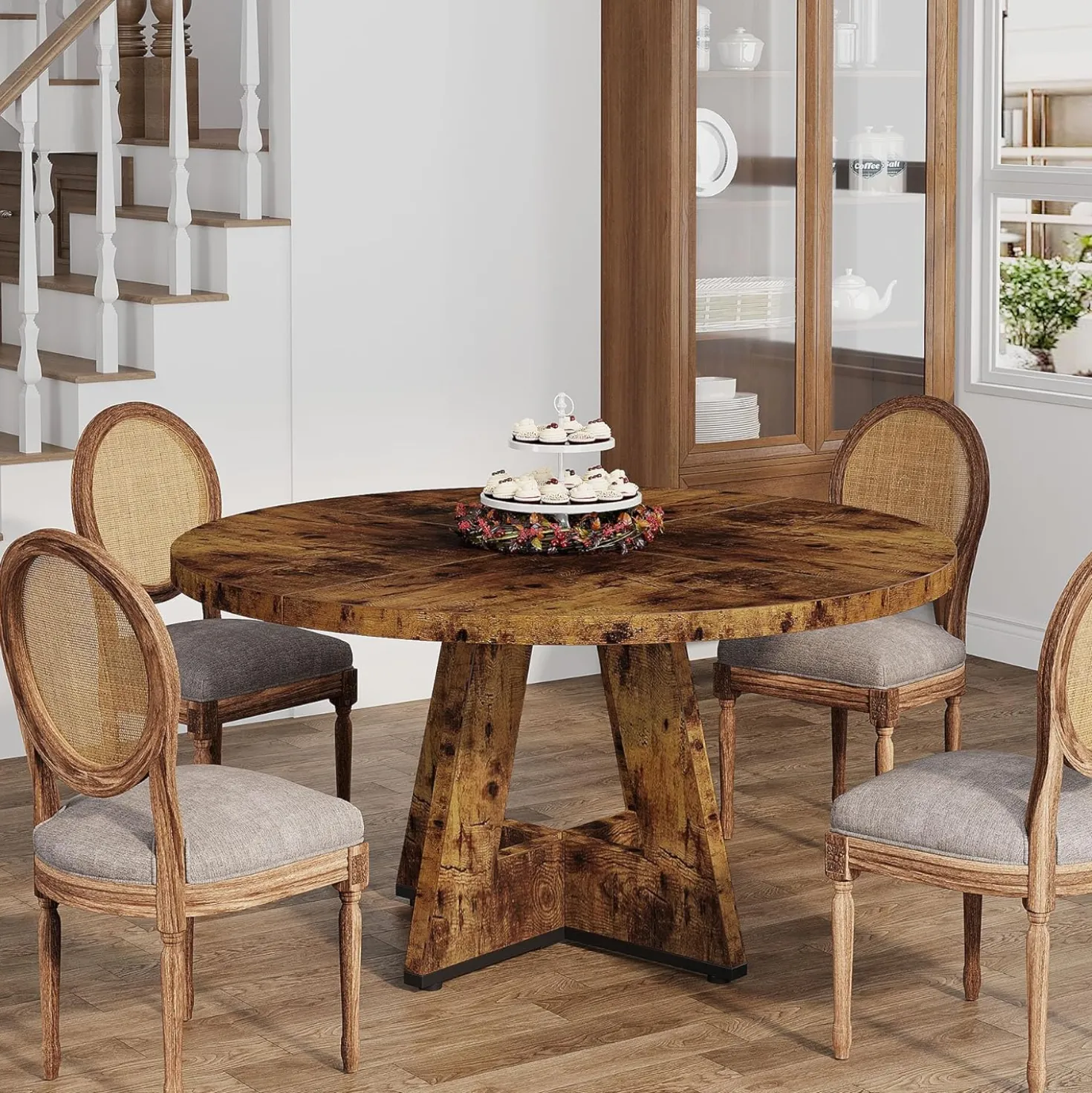 47-Inch Round Farmhouse Dining Table for 4–6 with Cross-Style Pedestal Base