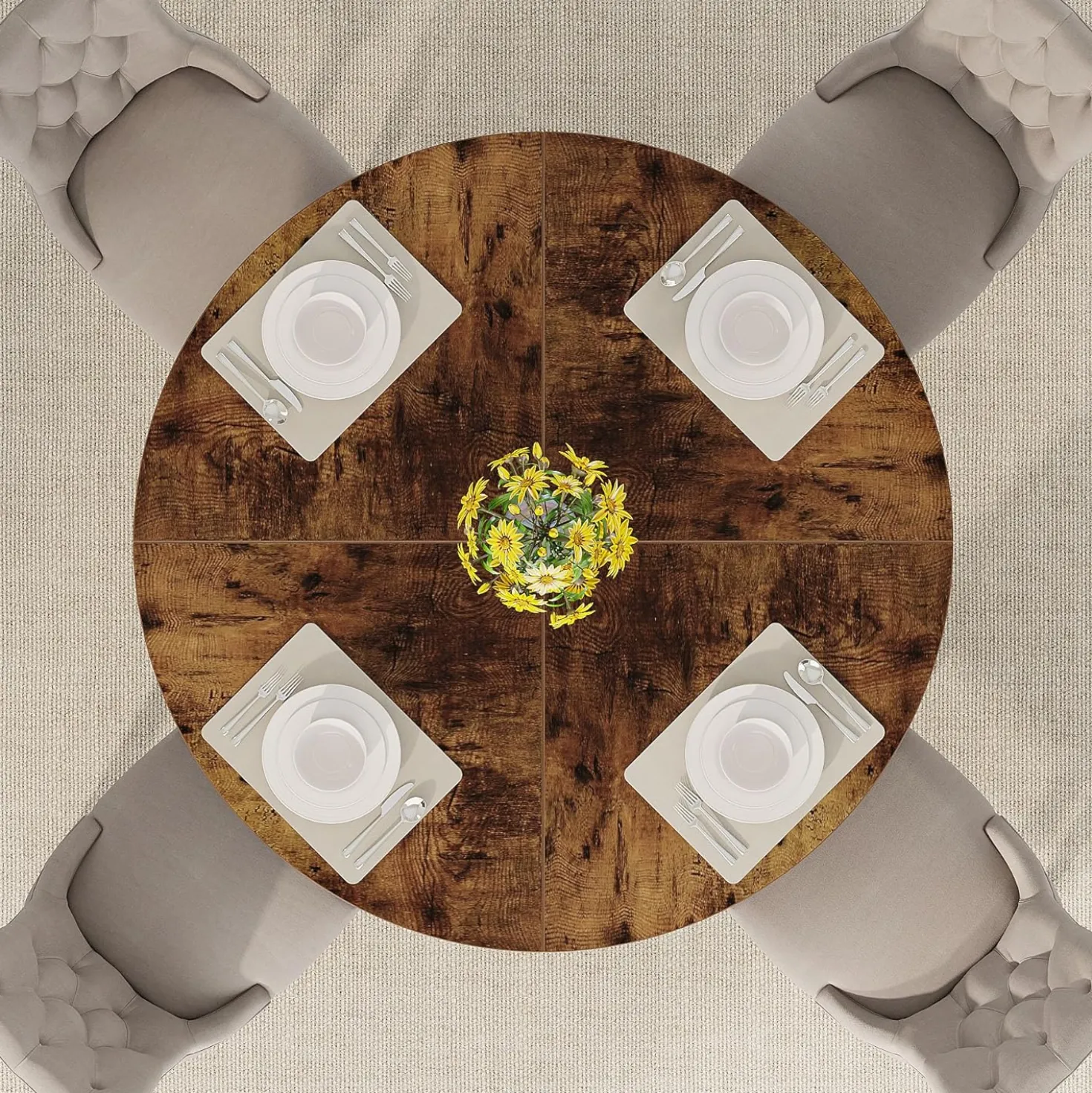 47-Inch Round Farmhouse Dining Table for 4–6 with Cross-Style Pedestal Base