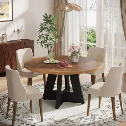 47-Inch Round Farmhouse Dining Table for 4–6 with Cross-Style Pedestal Base