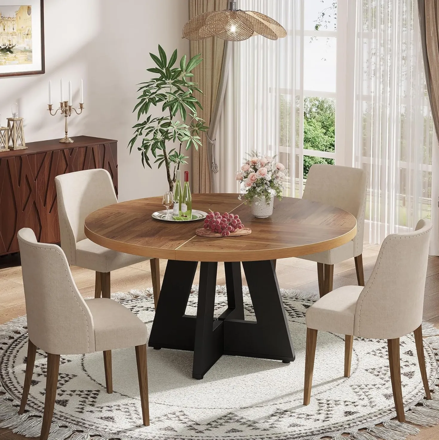47-Inch Round Farmhouse Dining Table for 4–6 with Cross-Style Pedestal Base
