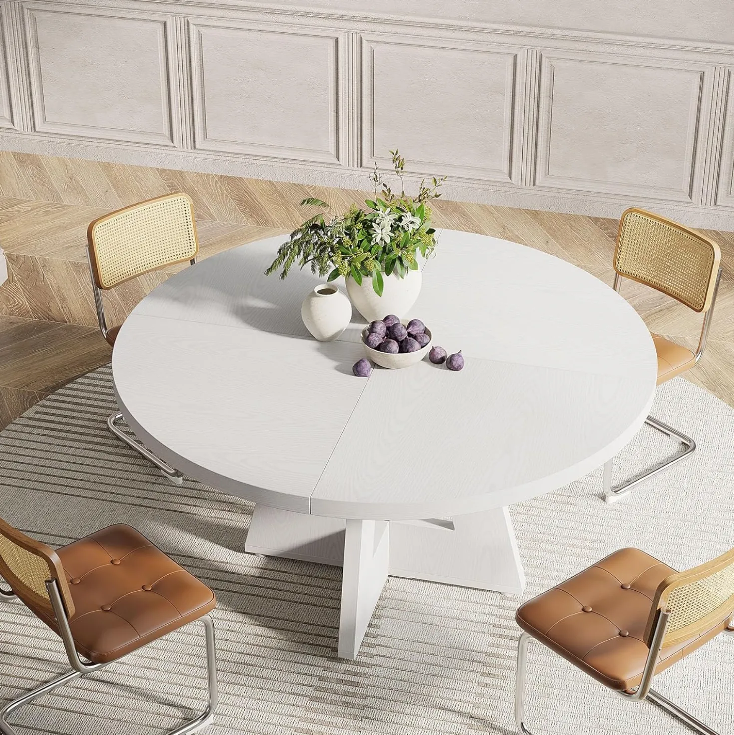 47-Inch Round Farmhouse Dining Table for 4–6 with Cross-Style Pedestal Base