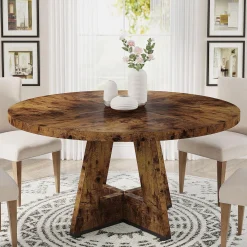 47-Inch Round Farmhouse Dining Table for 4–6 with Cross-Style Pedestal Base