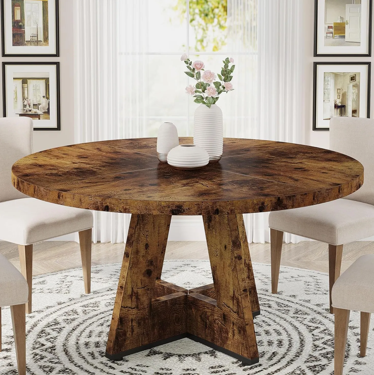 47-Inch Round Farmhouse Dining Table for 4–6 with Cross-Style Pedestal Base