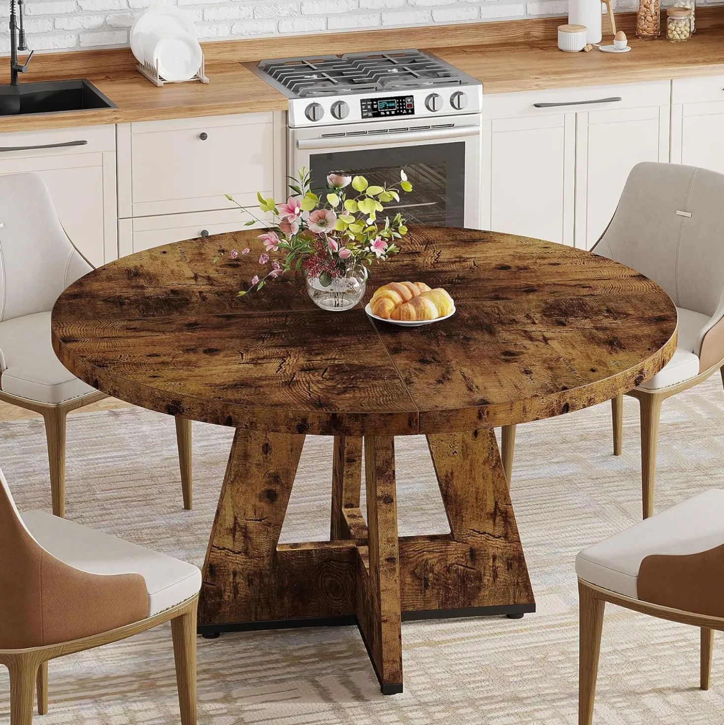 47-Inch Round Farmhouse Dining Table for 4–6 with Cross-Style Pedestal Base