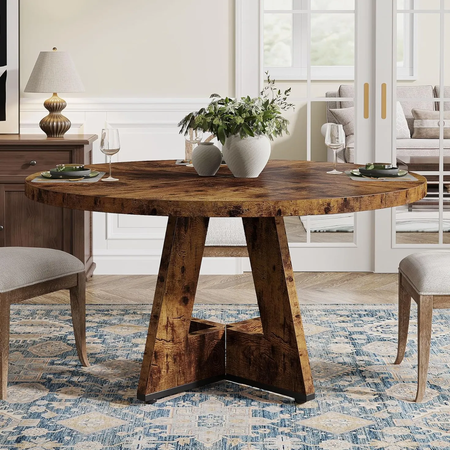 47-Inch Round Farmhouse Dining Table for 4–6 with Cross-Style Pedestal Base