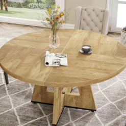 47-Inch Round Farmhouse Dining Table for 4–6 with Cross-Style Pedestal Base