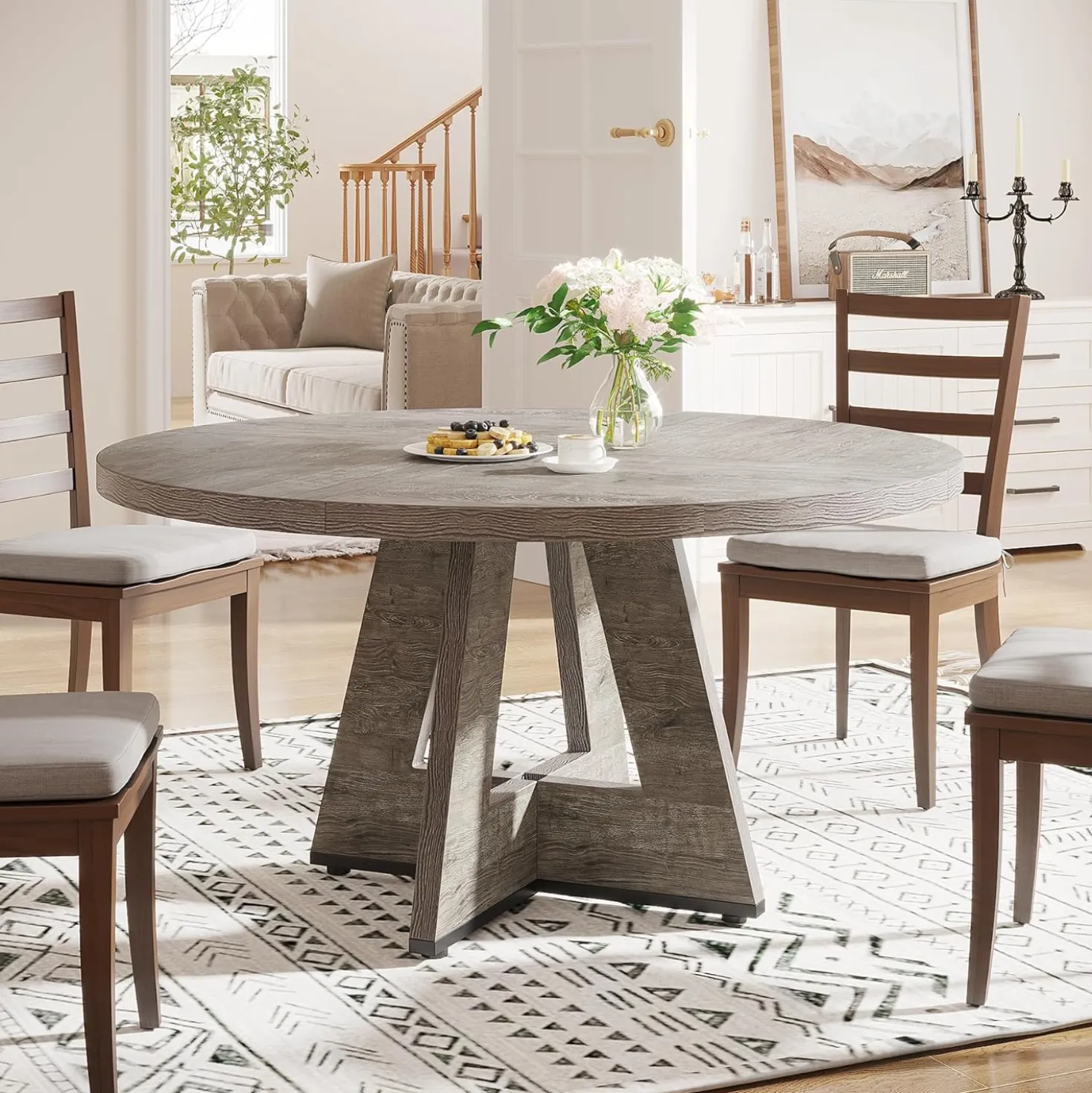 47-Inch Round Farmhouse Dining Table for 4–6 with Cross-Style Pedestal Base