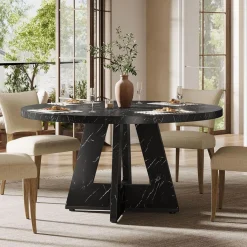 47-Inch Round Farmhouse Dining Table for 4–6 with Cross-Style Pedestal Base
