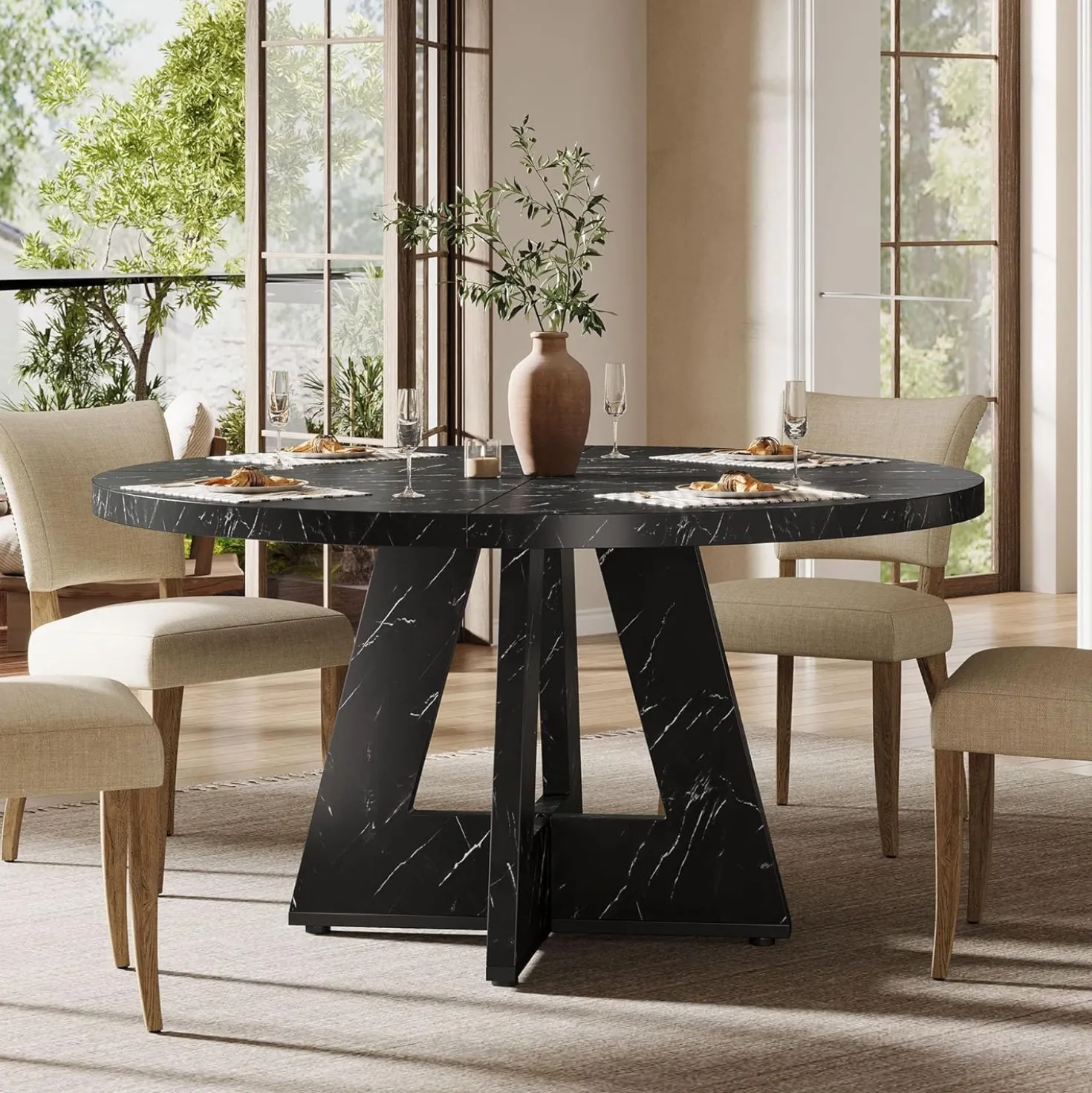 47-Inch Round Farmhouse Dining Table for 4–6 with Cross-Style Pedestal Base