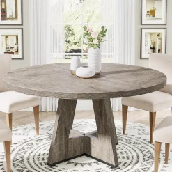 47-Inch Round Farmhouse Dining Table for 4–6 with Cross-Style Pedestal Base